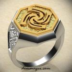 Кольцо с Славянским оберегом Знич из серебра с золотой вставкой