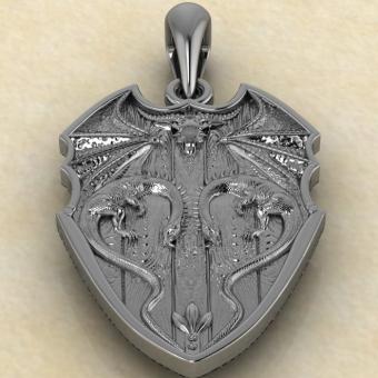 Амулет Щит с драконами из серебра