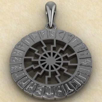 Амулет Черное солнце в руническом круге из серебра