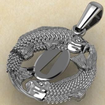 Кулон Цуба с двумя карпами из серебра