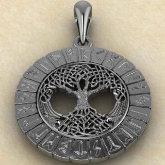 Амулет Древо жизни в руническом круге из серебра