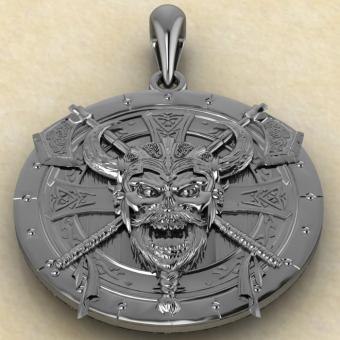 Кельтский череп с топорами на щите из серебра