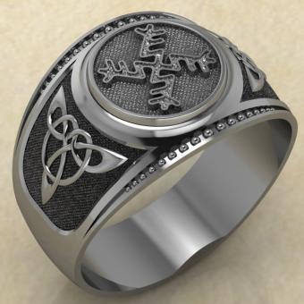 Кольцо печатка с руническим аоберегом Денежная свастика из серебра