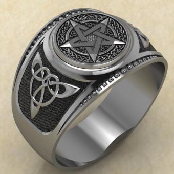 Кольцо печатка с оккультным символом Пентаграмма из серебра