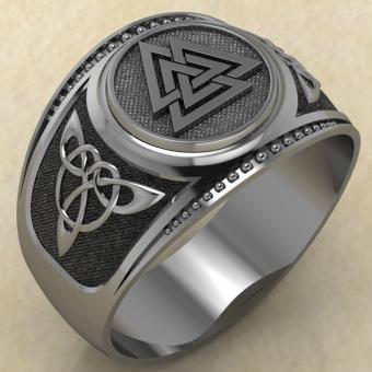 Кольцо печатка с древнескандинавским талисманом Валькнут из серебра