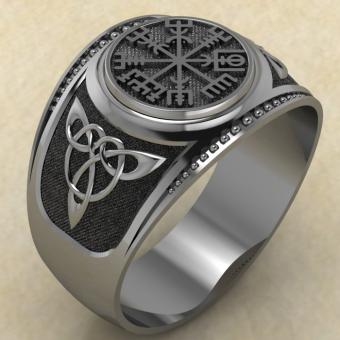 Кольцо печатка с древний руническим символом Вегвизир из серебра