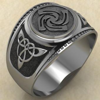 Кольцо печатка с Славянским оберегом Знич из серебра