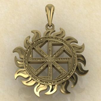 Славянский оберег Коловрат в солнце из золота