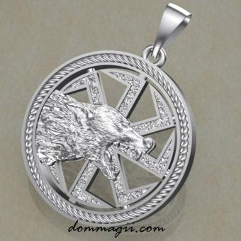 Славянский оберег Коловрат с волком из серебра