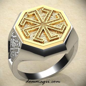 Кольцо с Славянским оберегом Колядник из серебра с золотой вставкой