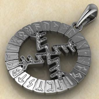 Амулет Денежная свастика в руническом круге из серебра