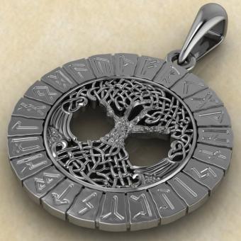 Скандинавский амулет Древо жизни в руническом круге из серебра