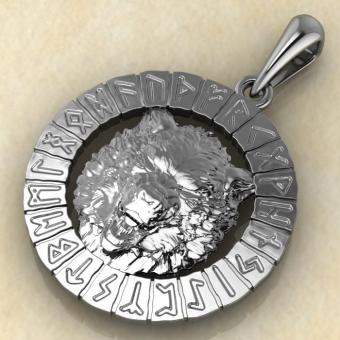 Скандинавский амулет Волк в руническом круге из серебра