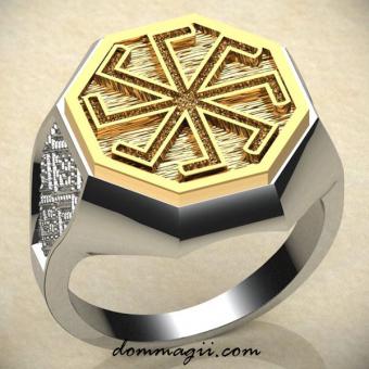 Кольцо с Славянским оберегом Ладинец из серебра с золотой вставкой