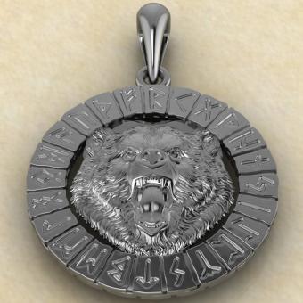Оберег Медведь в руническом круге из серебра