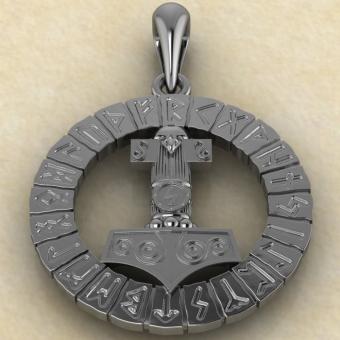 Оберег Молот Тора в руническом круге из серебра