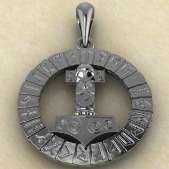 Молот Тора в руническом круге из серебра