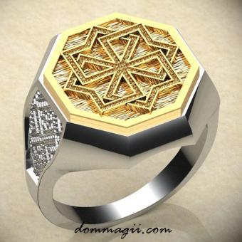 Кольцо с Славянским оберегом Молвинец из серебра с золотой вставкой