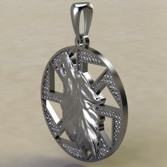 Славянский оберег Волк в коловрате из серебра