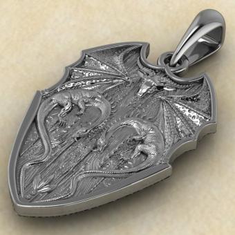 Подвеска с амулетом Щит с драконами из серебра