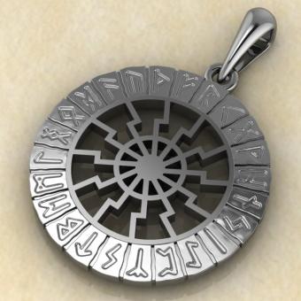 Скандинавский амулет Черное солнце в руническом круге из серебра