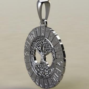 Подвеска с Скандинавским амулетом Древо жизни в руническом круге из серебра
