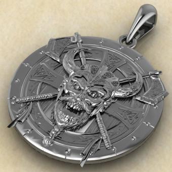 Амулет Кельтский череп с топорами на щите из серебра