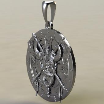 Подвеска с амулетом Кельтский череп с топорами на щите из серебра