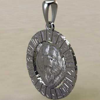 Подвеска с Скандинавским оберегом Медведь в руническом круге из серебра