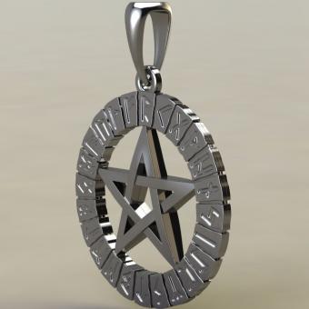 Амулет Пентаграмма в руническом круге серебро
