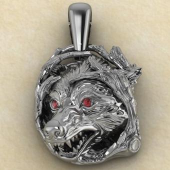 Подвеска с Славянским оберегом Волчья голова из серебра