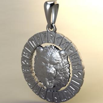 Подвеска с Скандинавским амулетом Волк в руническом круге из серебра
