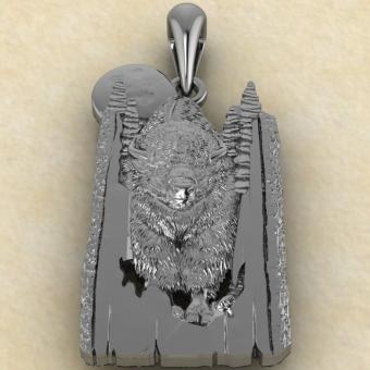 Славянский оберег Зубр в лесу из серебра