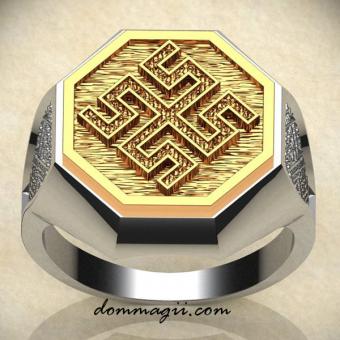 Кольцо с Славянским оберегом Боговник из серебра с вставкой из золота