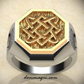 Кольцо с оберегом Звезда Лады из серебра с вставкой из золота