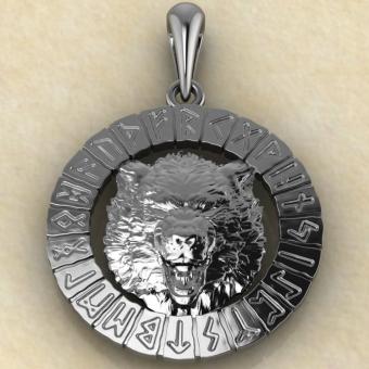 Амулет Волк в руническом круге из серебра