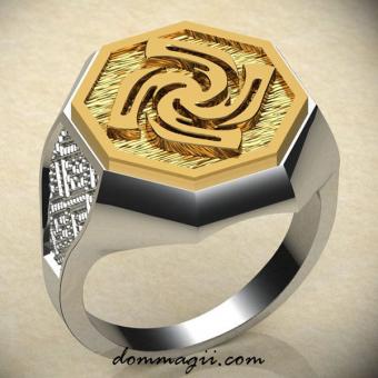 Кольцо с Славянским оберегом Знич из серебра с золотой вставкой